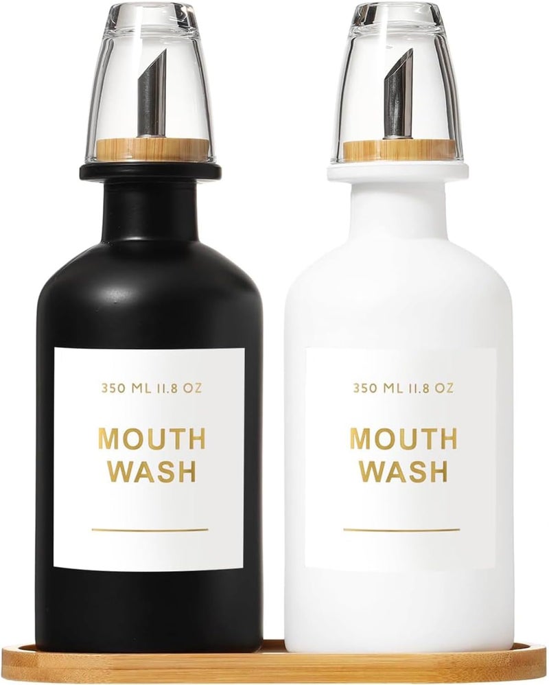 BONLONG 11.8OZ Mouthwash Dispenser for Bathroom with Bamboo & Stainless Steel Pour Spout, Mouthwash Cups Reusable, Bamboo Tray, and Elegant Gold Label. Set of 2（Black/White - Image 1